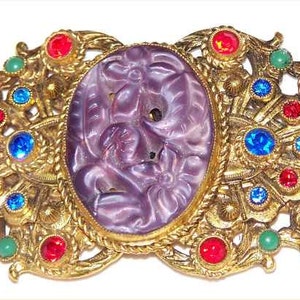 Antique ANGEL Art Nouveau Buckle! JEWELED Angel Brass Belt Clasp~ Floral & Figural Glass Design ~Rhinestones 1900-1920s CZECH Filigree Clasp