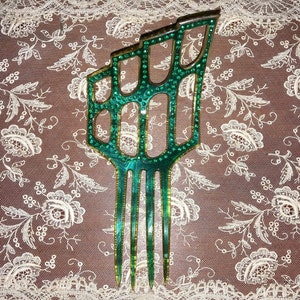 Sale! Jazzy JEWELED Hair Comb~ Long Celluloid DECO Vintage Comb ~Chic Antique RHINESTONES 1900s-1920s Mantilla ~Great Gatsby Green