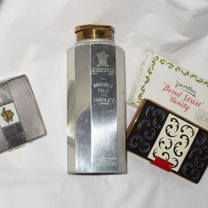 Hooray YARDLEY of London! Deco to Retro 3-For-1 Vanity Lot ~Unused WWII VICTORY Compact in Box ~Vintage 1930s-40s Chrome Case + Talcum Tin
