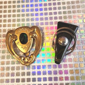 DECO Dress Clip Lot ~ Bold BAKELITE & Chrome + Ornate Nouveau Brass Clip ~TWO Vintage 1920s-30s Flapper Fur Clips ~Great Gatsby Green Glam
