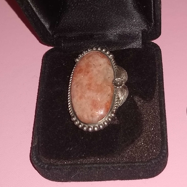Pretty in Peach SIGNED S R Agate Crystal Ring ~Native American NAVAJO Vintage 925 Sterling Double Band Size 8 ~Big Gem Braided Artisan Ring
