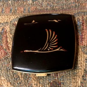 Golden GOOSE! Scenic Swan Enameled Vintage MCM Compact ~Unused Fine German Powder Vanity Case ~Rare DECO Birds Design in Relief