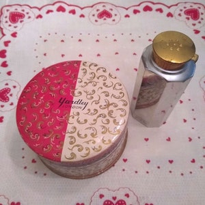 Vintage VICTORY YARDLEY of London Powder Lot~  WW2 Vanity Dusting Powder Box w/ Puff + Chrome Deco Talcum Tin ~1930s-1940s ~Great Shape!