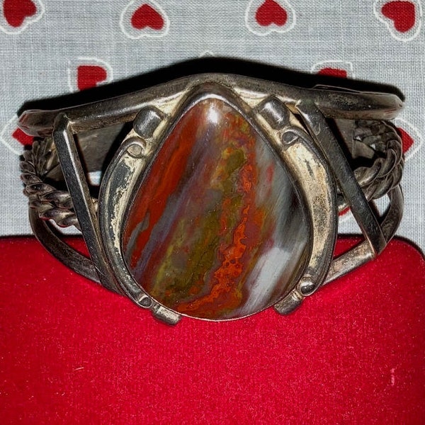 BOLD Agate /Petrified Wood 925 STERLING Vintage Cuff ~Chunky Braided Band ~Big Bright Stone Native American Bracelet ~Mod MCM Navajo Bangle