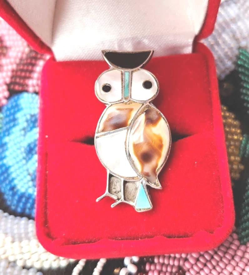 Cute OWL Zuni or Navajo Native American Inlaid Vintage 925 Sterling Ring ~Turquoise, Onyx, Pearl, Sh