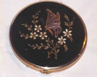 Mod MCM 1950s BUTTERFLY Compact By Emrich ~Unused Scenic Vintage Figural Powder Case ~Bold Black & Gold German Vanity ~Great Shape!