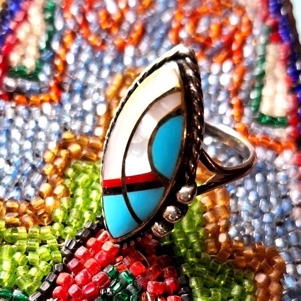 Striking ZUNI Vintage Native American Inlaid Sterling Ring ~Mod MCM Multi Stone Inlay w/ Dots and Braided Setting ~Sz 5.75-6 925 Split Band