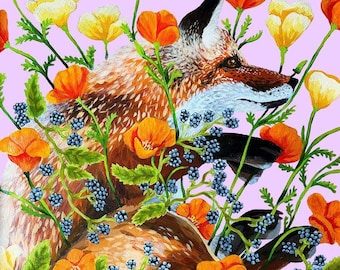 8x10 Fox & Poppies - Giclee Print - Acrylic Painting