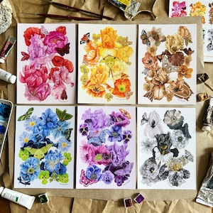 5 x 7 - Lot de 6 cartes postales - Fleurs et papillons de nuit - oeuvres d'art originales