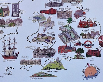 Literary map of the UK and Ireland print: four colour options
