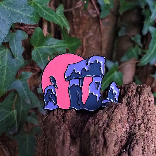 Standing stones and raven solstice/ harvest moon/ equinox enamel pin badge: three colours, glow in the dark