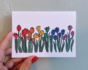 Pride eenvoudige regenboogvlag tulpen illustratiekaart - A6 wenskaart met envelop