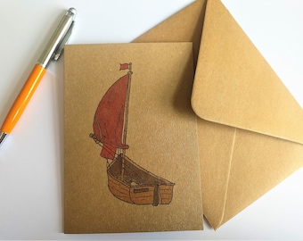 Sailboat/ Wooden Dinghy A6 card - brown card with envelope