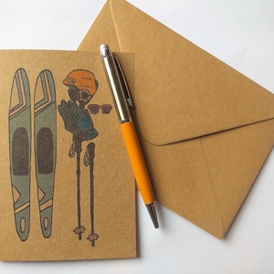 Skiing A6 card - brown card with envelope