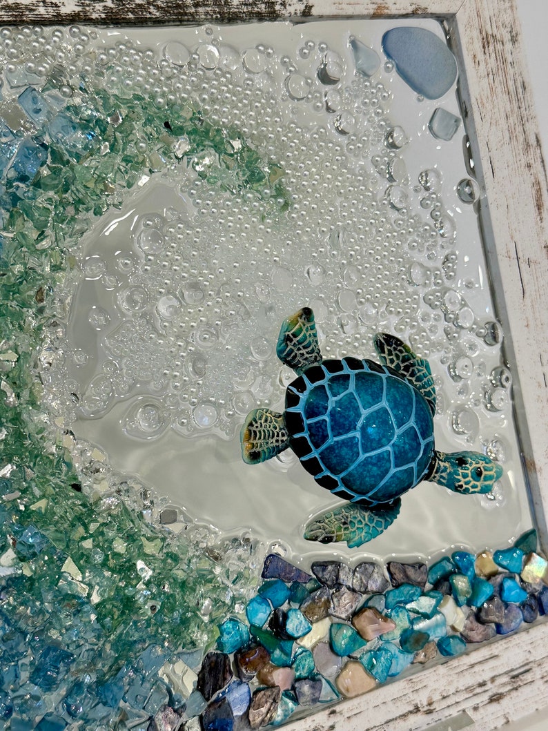 Seaglass and crushed glass wave, crushed glass turtle art, sun catchers, coastal art, ocean art, sea turtle, coastal decor image 4