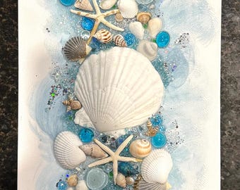 Seashell Resin Painting, Coastal Canvas Wall Art, Beach House Decor (10x20") 25% OFF CLEARANCE!
