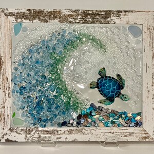 Seaglass and crushed glass wave, crushed glass turtle art, sun catchers, coastal art, ocean art, sea turtle, coastal decor image 2