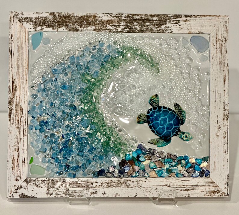 Seaglass and crushed glass wave, crushed glass turtle art, sun catchers, coastal art, ocean art, sea turtle, coastal decor image 2