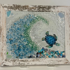 Beautiful and detailed Sea glass and crushed glass wave, sea turtle art, sun catchers, coastal art, ocean art, sea turtle, coastal decor