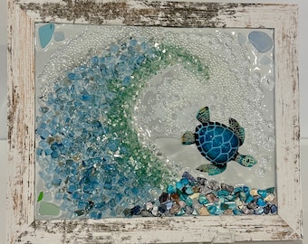 Seaglass and crushed glass wave, crushed glass turtle art, sun catchers, coastal art, ocean art, sea turtle, coastal decor