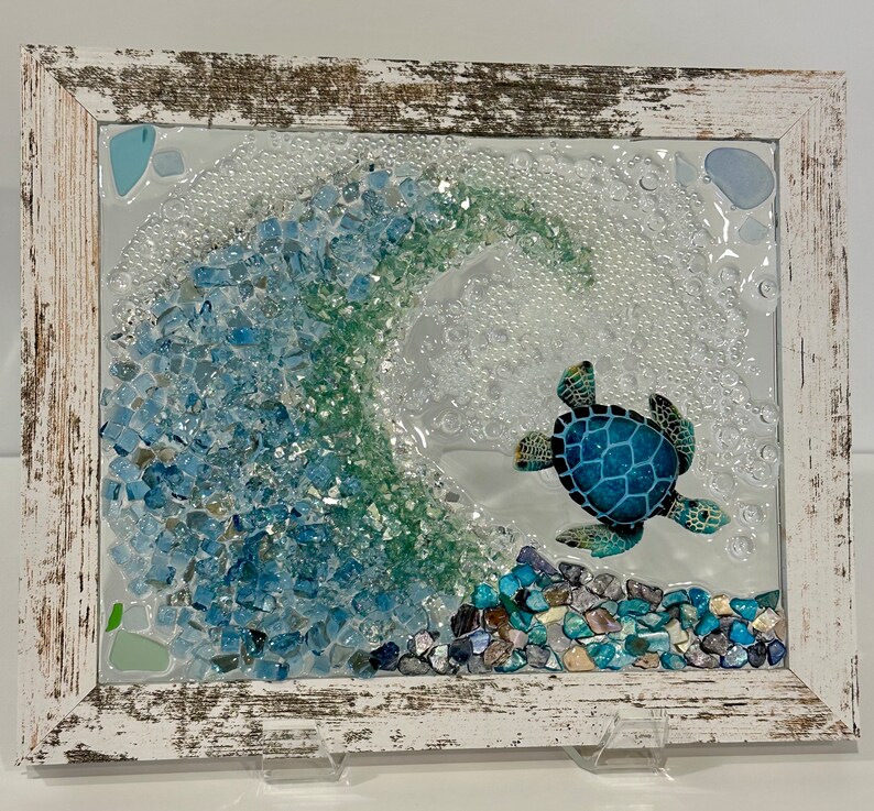 Seaglass and crushed glass wave, crushed glass turtle art, sun catchers, coastal art, ocean art, sea turtle, coastal decor image 1