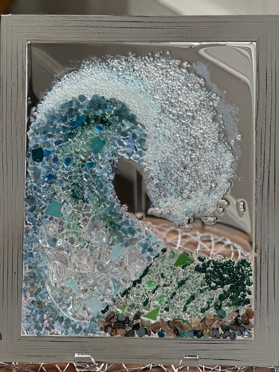 Sea Glass Wave, Crushed Glass Art, Frames Sea Glass, Coastal Wall Decor,  Beach Decor, Crashing Wave 