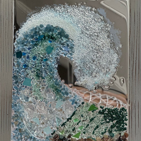 sea glass wave, crushed glass art, frames sea glass, coastal wall decor, beach decor, crashing wave