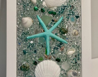 sea glass art, shades of green, shell wall art, crushed glass wall art, beach art, ocean art, beach themed art, gifts for beach home