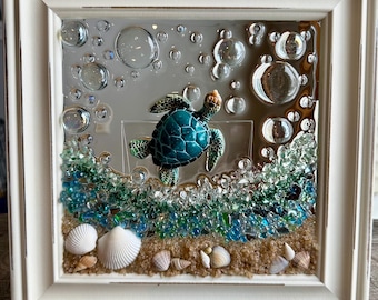 Sea Turtle Wall Art, Resin Glass Beach Decor, Coastal Bathroom Art, Turtle Shell Frame,Coastal Cottage Wall Art