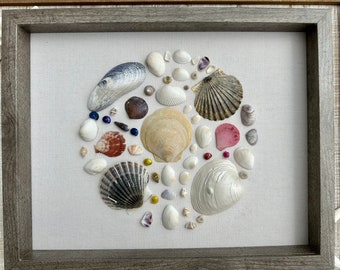 Coastal wall art, circle shell art, art for beach house, mixed shells, framed wall art, wall decor