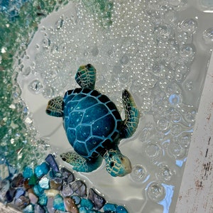 Seaglass and crushed glass wave, crushed glass turtle art, sun catchers, coastal art, ocean art, sea turtle, coastal decor image 3