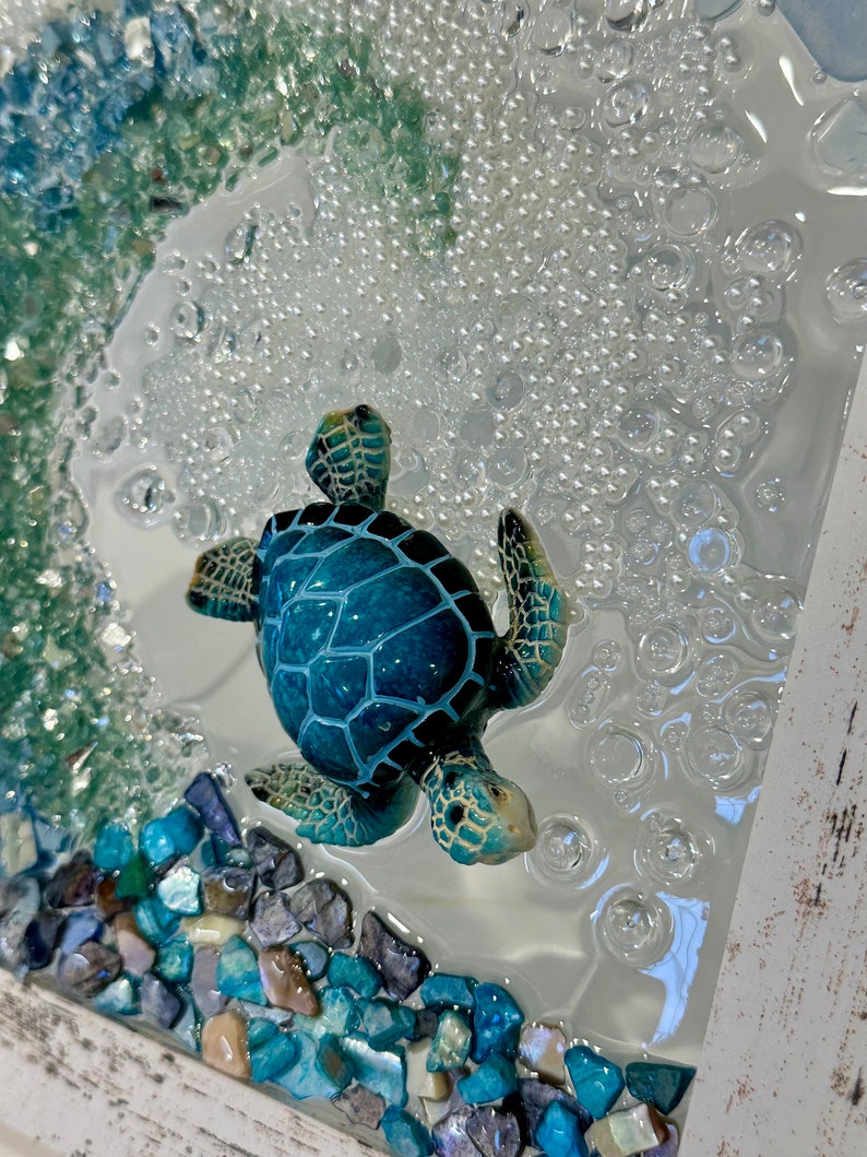 Seaglass and crushed glass wave, crushed glass turtle art, sun catchers, coastal art, ocean art, sea turtle, coastal decor image 3