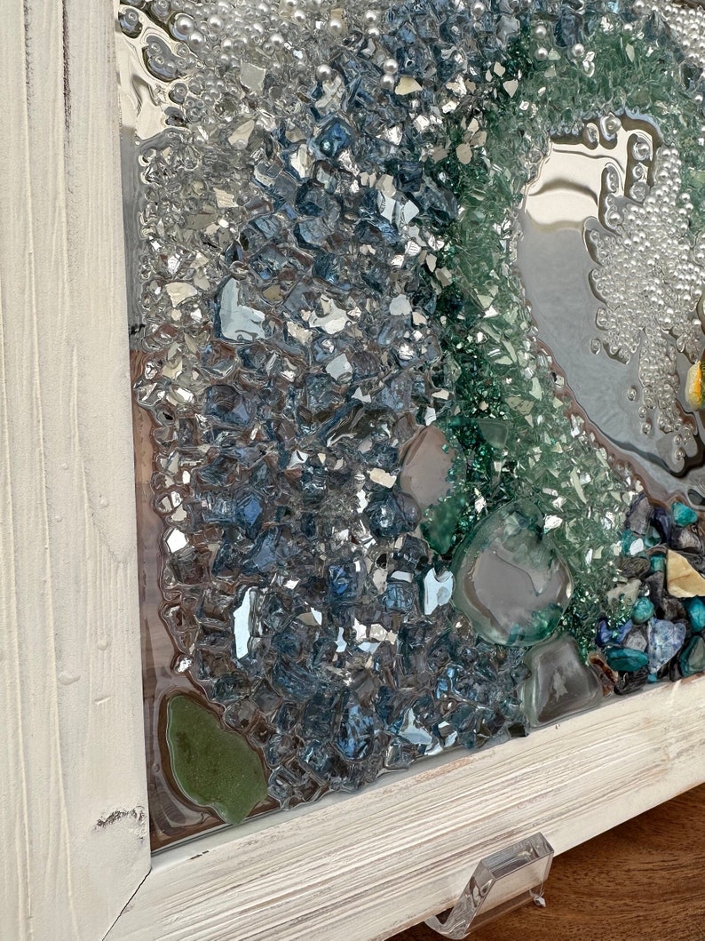 Seaglass and crushed glass wave, crushed glass turtle art, sun catchers, coastal art, ocean art, sea turtle, coastal decor image 5