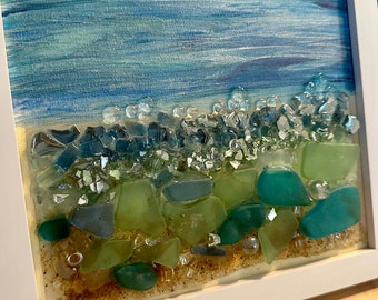 sea glass ocean, sea glass art, crushed glass art, ocean decor, beach decor, tabletop art, abstract ocean