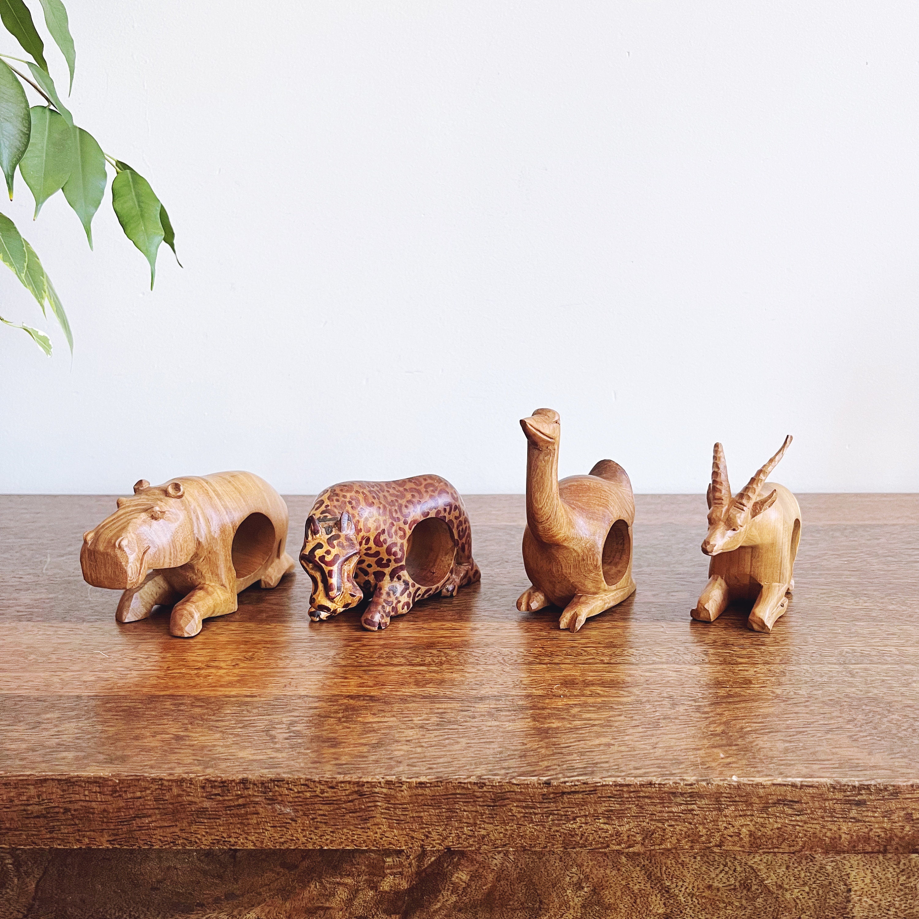 Vintage African Wooden Hand-Carved Animal Napkin Rings - Set of 4 