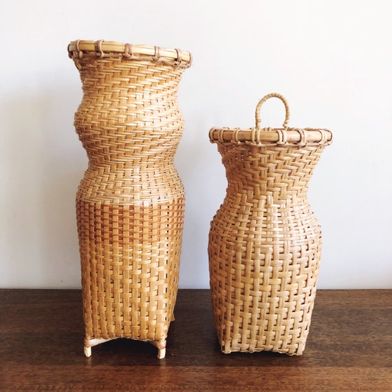 Vintage Tall Wicker Baskets Set of 2 Etsy