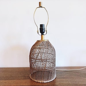 May include: A brown wicker table lamp with a brass-colored neck and lamp holder. The lamp has a woven, bell-shaped shade and a white electrical cord. The lamp is sitting on a wooden surface.
