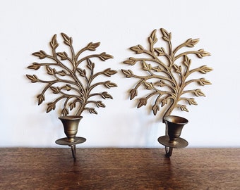 Vintage Indian Brass Tree of Life Candle Sconces - Pair