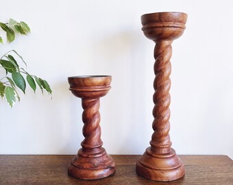 Vintage Wooden Spiral Candle Holder - Pair