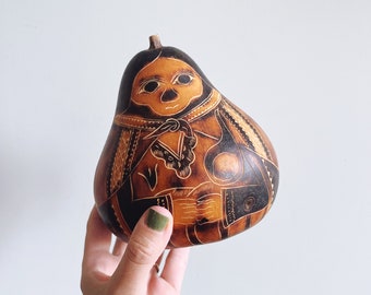 Vintage Peruvian Carved Gourd Mother and Child Figurine