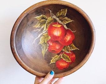 Vintage Painted Wooden Bowl with Apples