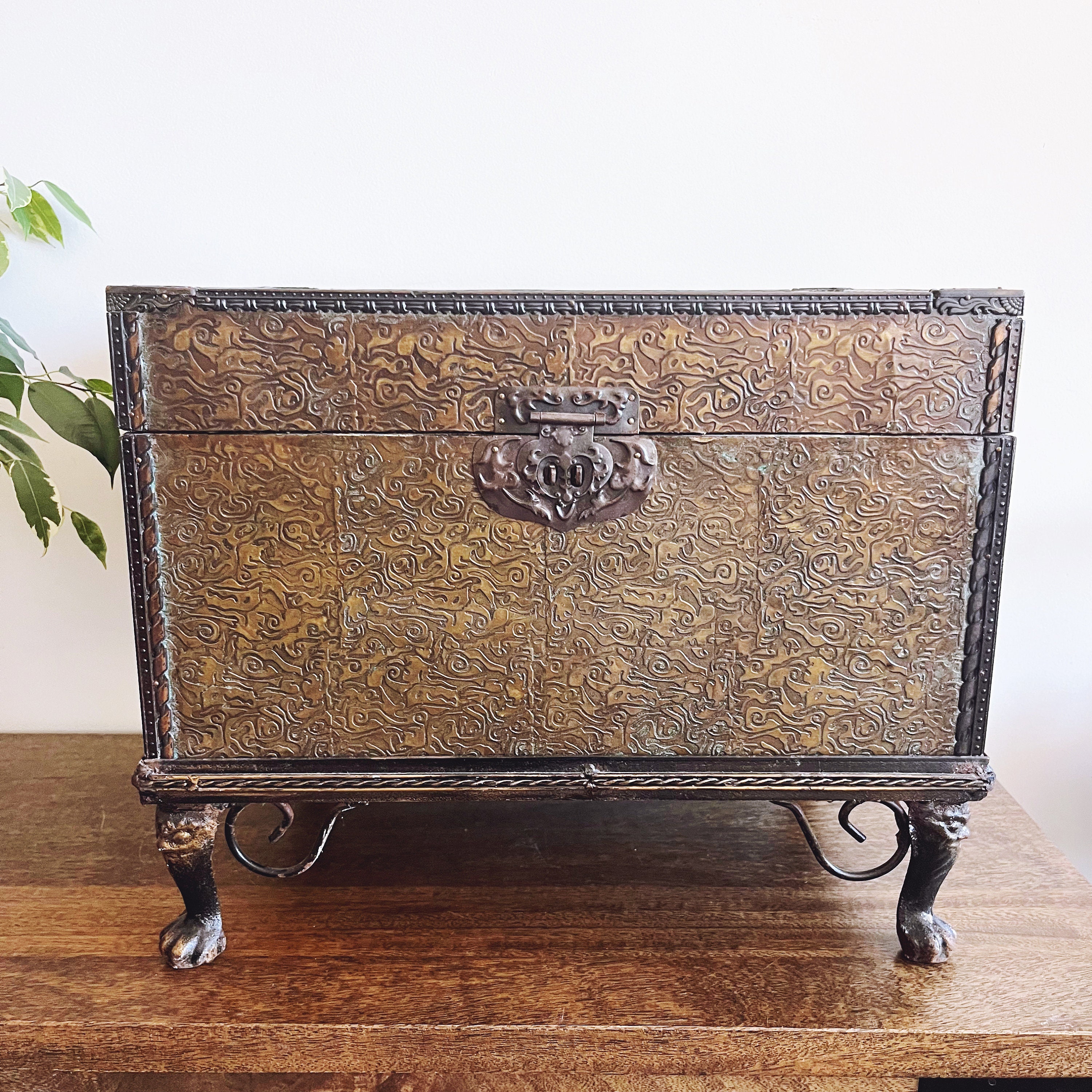 Late 19th Century Antique Embossed Metal Oak Banded Dome Top Steamer Trunk  Chest W Insert