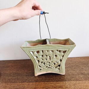 Vintage Celadon Ceramic Hanging Planter image 1