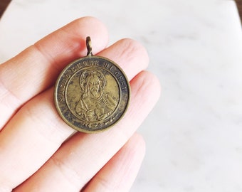 Antique Italian Madonna di Bedonia + Sacred Heart Medal Pendant
