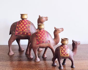 vintage Christmas wooden camel candle holders — set of 3