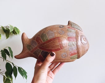 Vintage 70s Mexican Burnished Pottery Fish Sculpture