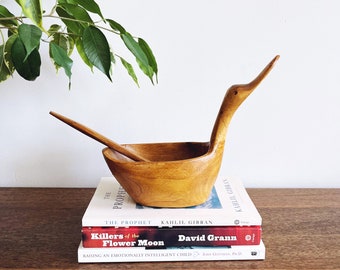 Vintage Olive Wood Duck Bowl with Spoon