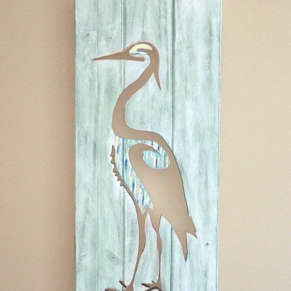 Wooden Coastal Heron Wall Hanger (Made from reclaimed wood, Coastal Decor, Nautical Wall Hanger)