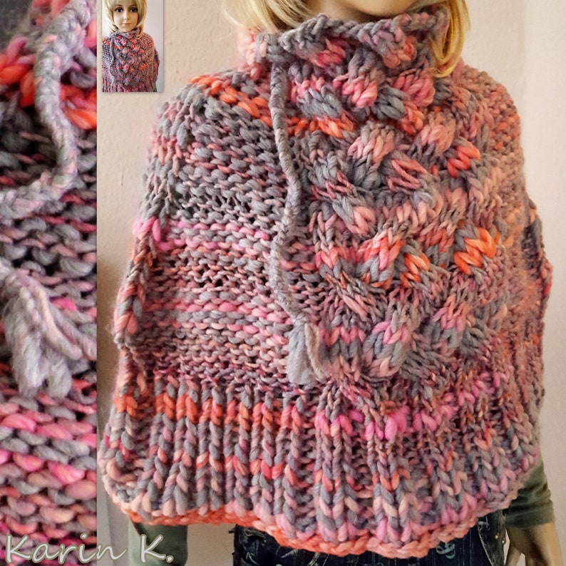 Short Poncho Shoulder Flatter Grey Ros\u00e9 Salmon Orange Gradient Lana Grossa Size 36 38 40