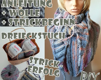 STRICKANLEITUNG [Pdf- Datei] + Wolle + STRICKBEGINN DIY- Schritt- für Schritt- Strick- Anleitung für Dreieckstuch in deutscher Sprache